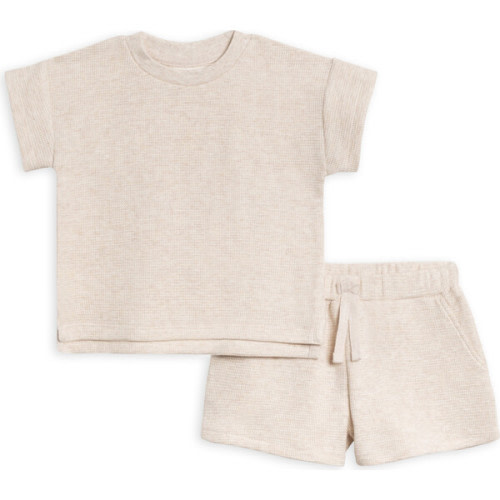 Organic KENDI Odell Waffle Shorts and Shirt Set, Heather Oat - Colored Organics Mixed Apparel Set | Maisonette