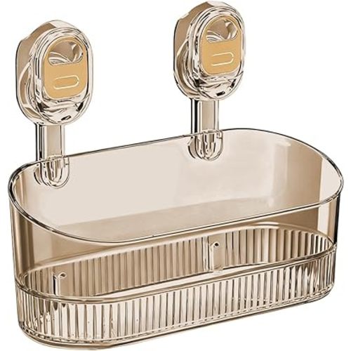 No-Drill Bathroom Suction Storage Box, Large Capacity Strong Load-Bearing Suction Cup Storage Rack with Drain Holes, Removable Shower Caddy Hanging Wall Mount Shower and Kitchen Organizer (Gold)