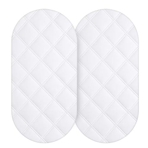 Yoofoss Waterproof Bassinet Mattress Pad Cover 2 Pack Fit for Hourglass/Oval Bassinet Mattress, Baby Bassinet Mattress Protector for Boys and Girls 32X16in White