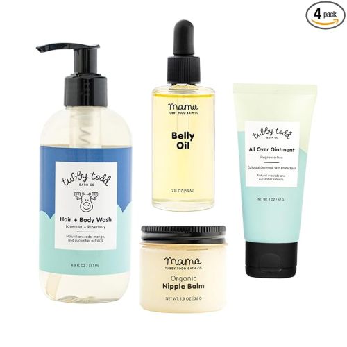 TUBBY TODD New Baby & Mom Sensitive Skincare Kit - The Mama + Baby Gift Set - Baby Shampoo and Body Wash 8.5 Oz, All Over Ointment 2 Oz, Belly Oil 2 Fl Oz & Nipple Balm 1.9 Oz - Lavender Rosemary