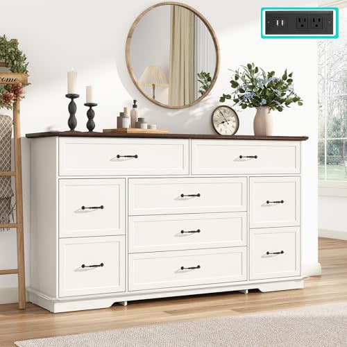 jiteentarou Farmhouse 9 Drawer Dresser for Bedroom,63” Wood Dresser & Chest of Drawers with Power Outlets,Large & Wide Dressers for Bedroom,Tall Storage Dresser Organizer(White)