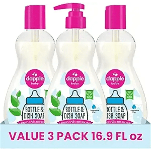 Dapple Baby Fragrance Free Bottle & Dish Soap - (3 Pack) 16.9 fl oz - Cleans Baby Bottles, Sippy Cups, Pacifiers, Breast Pumps, & More - Gently Removes Milk Film & Odors - Includes 1 Pump