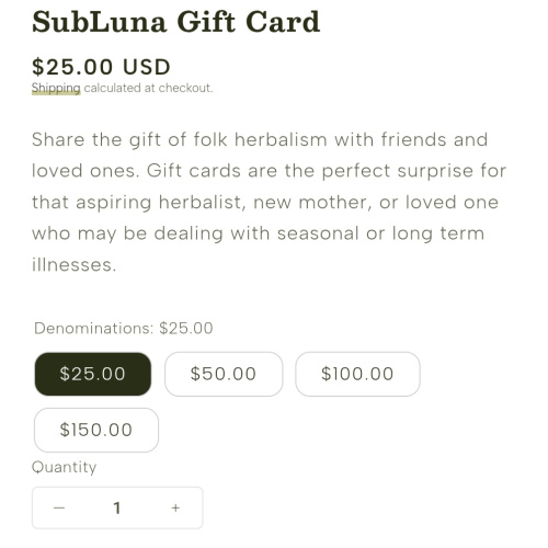 SUBLUNA Gift Card Any Price