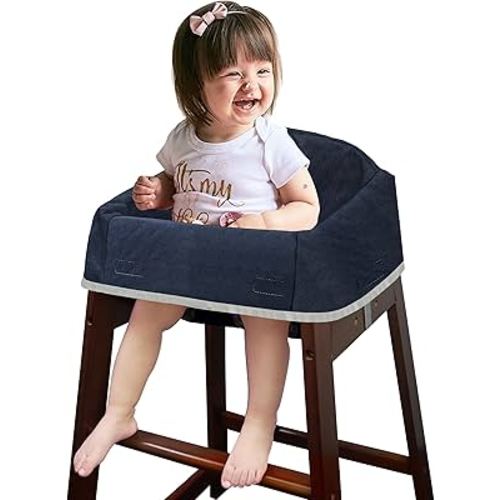 Dual-Belt Baby High Chair Cover, Upgrade Version, for Wooden or Restaurant High Chair, Sturdy and Robust Material, Waterproof Washable Stain and Slip Resistant, Navy Blue