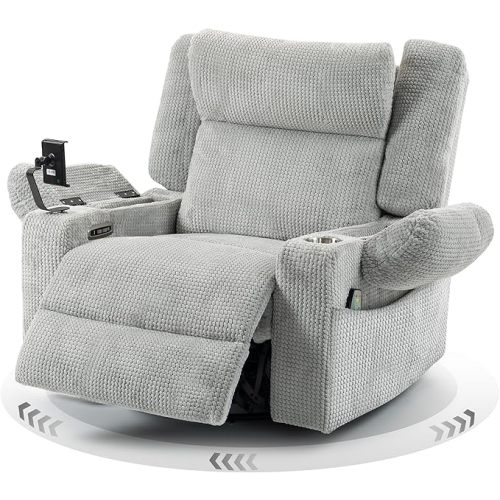 SINCRUMI Power Oversized Swivel Rocker Recliner with Dual Motor Adjustable Headrest for Adults, Glider Rocking Chair with Vibration and Heat, USB A&C Ports, Armrest Storage, Cup Holder, Light Grey