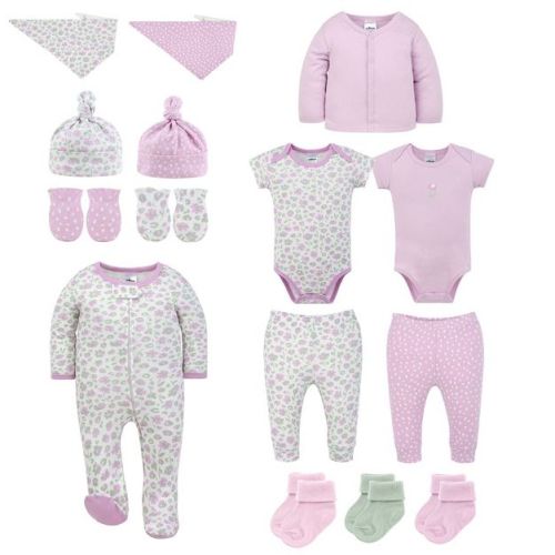The Peanutshell Baby Girl Layette Gift Set, Animal Floral Baby Clothes with Bibs and Accessories, 0-3 Months, 15 Piece Set