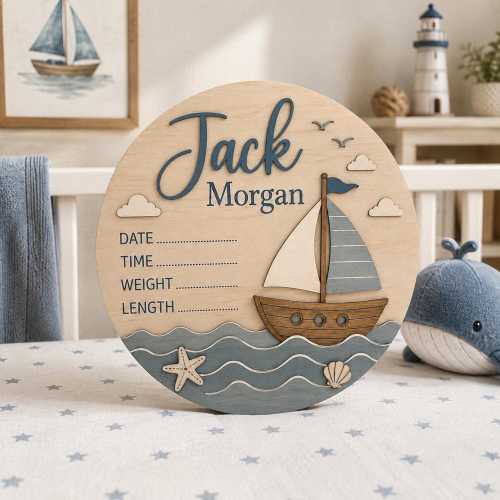 Personalized Baby Birth Sign, Sailboat Nursery Decor, Nautical Birth Stats Plaque, Baby Boy Keepsake,Coastal Nursery Wall Decor,Newborn Gift