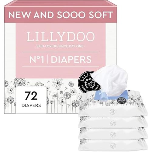 Everyday Essentials Bundle: Diapers Size 1 (72 Count) + Wipes 99% Water (288 Count), Ultra-Soft, Chlorine-Free, Oeko-TEX® Certified, Unscented