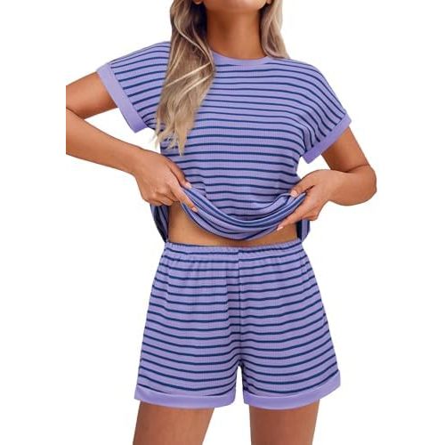 Ekouaer Waffle Knit Lounge Set Women Stripe Pajama Sets Short Sleeve Pj Tops and Shorts Matching loungewear with Pockets