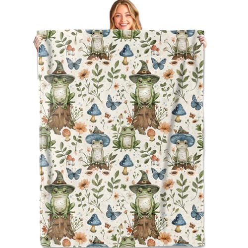 Whimsical Frog Throw Blanket, 50x60in, Soft, Lightweight Flannel, Cartoon Frogs in Hat Mushroom and Butterfly Blankets, Gifts for Women, for Home Living Room Decor