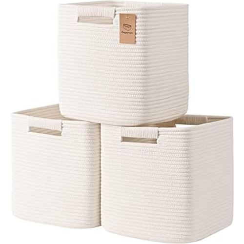 11 Inch Storage Cubes, 3 Pack Cube Storage Bins for Organizing, Cotton Rope Woven Baskets for Shelves, Bathroom, Kids Room, Closets, Baby Nursery