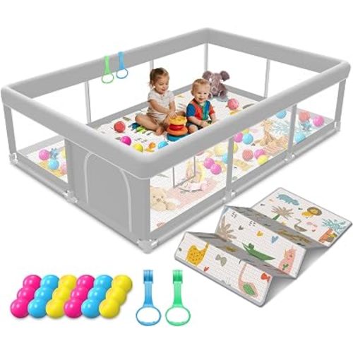 Baby Playpen with Mat, 74x50 inch Playpen for Babies and Toddlers with Mat, Baby Playard Safety Fence Active Center for Indoor
