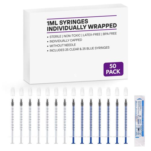 50Pcs 1ml Colostrum Syringe With Caps | No Needle for Refilling and Measuring Liquids, Colostrum Harvesting, Scientific Labs, Plant Watering, Pet Feeding | 25 Blue & 25 Clear Individually Wrapped