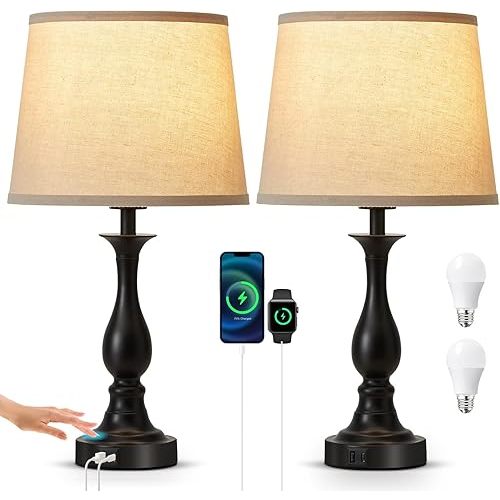 Bedside Table Lamp Touch Control Bedroom Lamps with USB A and C Charging Port 3 Way Dimmable Touch Lamps for Nightstand Living Room Bedroom Dorm Home Office Reading, Set of 2