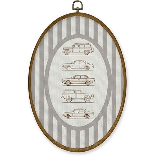 JMENGSSFL Vintage Car Boy Nursery Oval Wall Art Decor, Vehicle Canvas Prints, Neutral Gingham Car Framed Wall Art for Kids Boy Toddler Room Playroom Decor, 8.6x11.4 Inch