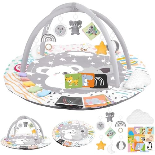 Baby Play Gym & Activity Mat, Tummy Time Mat with Cloud Toy, 7 Detachable Sensory Toys and Educational Cards for Motor Skills & Sensory Development, Baby Essentials Shower Gift, Grey Elephant