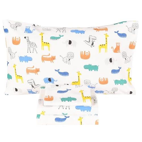 Scientific Sleep Jungle Animals Whale Zebra Monkey Tiger 100% Cotton 3 Pcs Twin Bed Sheet Set Kids Toddler Teen, Flat Sheet & Fitted Sheet & Pillowcase Boys Girls Bedding Set (Animals)