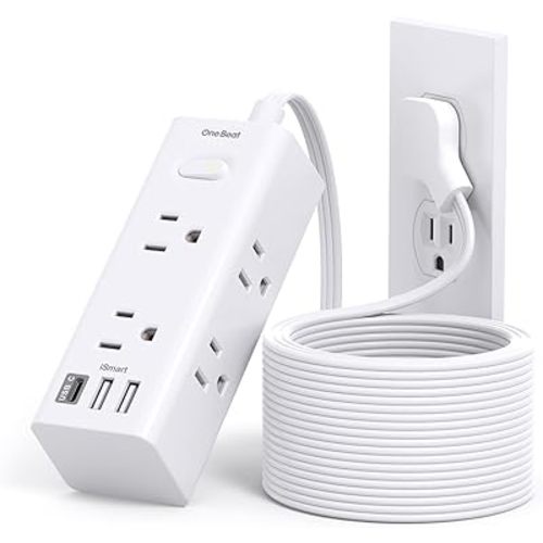 15Ft Extension Cord with Multiple Outlets, Flat Plug Power Strip Surge Protector with 15 Ft Long Cord, 6 Outlet 3 USB Ports (1 USB C), Multi Outlet Wall Plug for Travel, College, Dorm Room Essentials