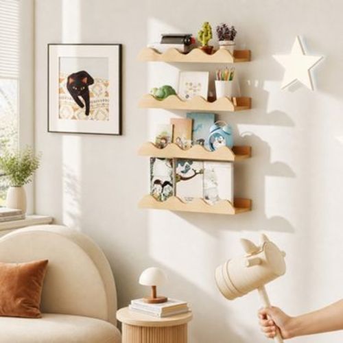 16 Inch Kids Nursery Floating Wall Mount Bookshelf Set of 4 Natural