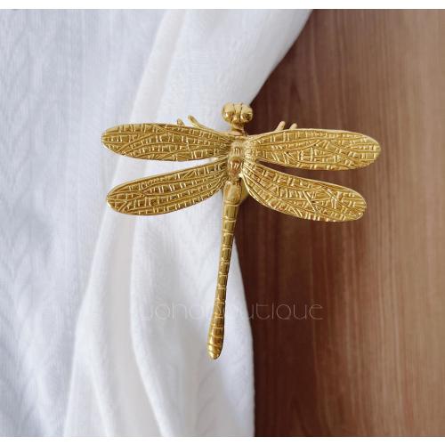 Solid Brass Dragonfly Curtain Holdbacks: Wall Mounted Tie Back Hooks -QHKHAND011