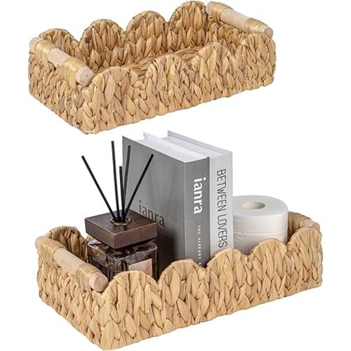 Decorative Toilet Paper Storage Basket, Modern Farmhouse Home Decor Scalloped Basket for Organizing, Pantry Baskets for Shelves, Countertop, Living Room, w/Wood Handles, Natural, 2 Sizes
