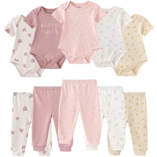 Ruliby Baby Bodysuit and Pant Set 10-pcs Cotton Soft Newborn Clothes Outfit