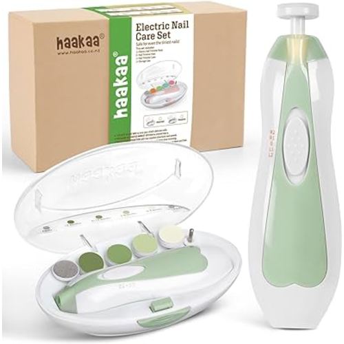 haakaa Baby Nail File Electric Baby Nail Care Set with LED Light, Baby Nail Clippers for Newborn/Infants/Adults Toes and Fingernails, Additional 6 Replacement Heads & Storage Case, Green