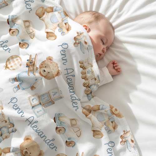 Personalized Baby Boy Teddy Bear Blanket, Soft Blue Nursery Decor, Classic Vintage Style, Custom Baby Shower Gift