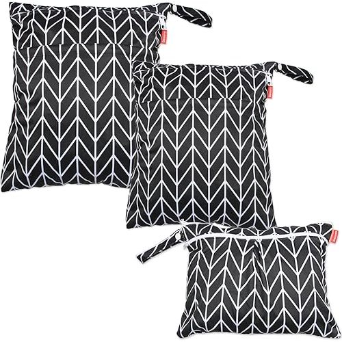 Damero 3pcs Travel Wet and Dry Bag with Handle for Cloth Diaper, Pumping Parts, Clothes, Swimsuit and More, Easy to Grab and Go, Black Arrows