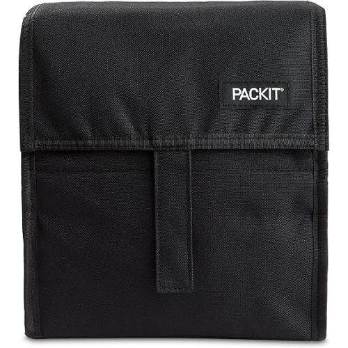 PackIt Freezable Lunch Bag, Black Grid, Built with EcoFreeze Technology, Foldable, Reusable, Zip and Fold Closure with Buckle Handle, Designed for Work Lunches and Fresh Lunch On the Go