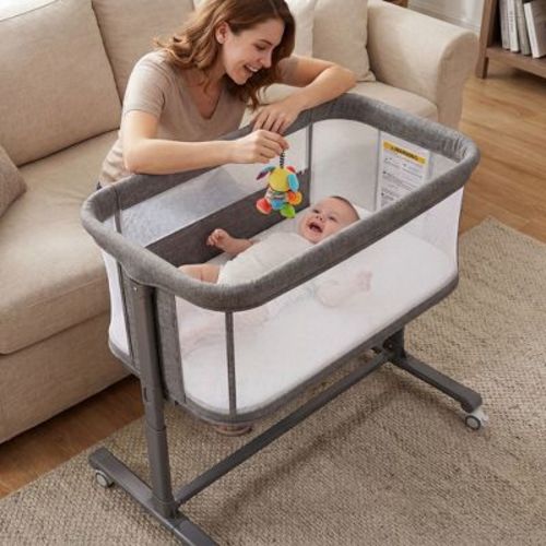 TODECARE Baby Bassinet Bedside Sleeper, 2 in 1 Bedside Sleeper with Wheels, All-Sided Mesh Infant Travel Crib for Toddlers, Gray