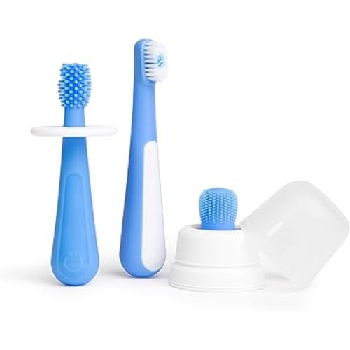 Ubbi Grow with Me Toothbrush Training Set for Babies and Toddlers, Includes Silicone Finger Brush, 360° and Soft Bristled Toothbrush, Polaris Blue