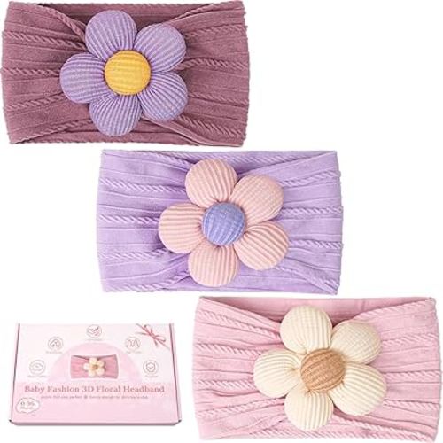 CÉLLOT Baby Flower Headbands Baby Girls Nylon Headbands Soft Elastic Hairbands Hair Accessories for Newborn Infant Toddler Kids (Violet,Cameo,Pink)