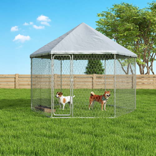YOKWOK 9.1x9.1 ft Large Outdoor Dog Kennel,Heavy Duty Outdoor Dog Enclosure Run with Waterproof Cover and Security Lock, Galvanized Wire Mesh Hexagonal Dog Cage for Large Dogs