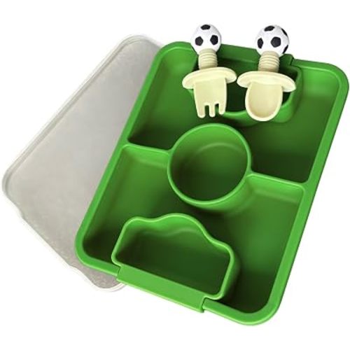 Silicone Soccer Field Baby Plate and Utensils Set - Strong Suction Toddler Divided Dinnerware with Lid, Fork and Spoon | BPA-Free Food-Grade Feeding Essentials, Football Theme Gift for Infant & Kids