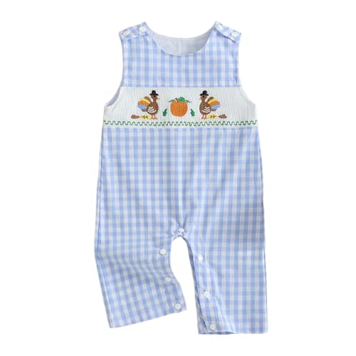 Sprifallbaby My First Thanksgiving Baby Boy Outfit Newborn Turkey Romper Plaid Smocked Jumpsuit Overalls Cute Fall Clothes