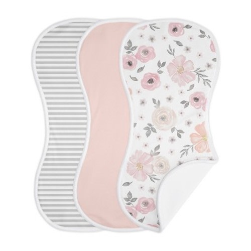 Sweet Jojo Designs Girl Baby Burp Cloths Watercolor Floral Pink and Grey 3pc
