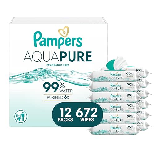 Pampers Aqua Pure Baby Wipes, 99% Water, Fragrance Free, 672 Baby Wipes Total (12X Flip-Top Packs) [Packaging May Vary]