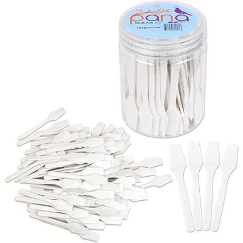 PANA 100pcs Brand Cosmetic Make Up Disposable Plastic 2.5" Spatulas Skin Care Facial Cream Mask Spatula (100 Pieces in a Container) (WHITE)