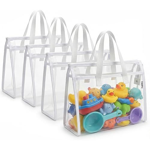 HOLAY 4 Pack Clear Toy Storage Bags with Handle – Playroom Organizer Bins for Kids Toys, Board Games, Busy Bags, and Homeschool Supplies, Transparent PVC Front & Reinforced Base(White, X-Large)