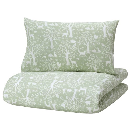 TROLLDOM Comforter cover 1 pillowcase f crib - forest animal pattern/green 43x49/14x22 "