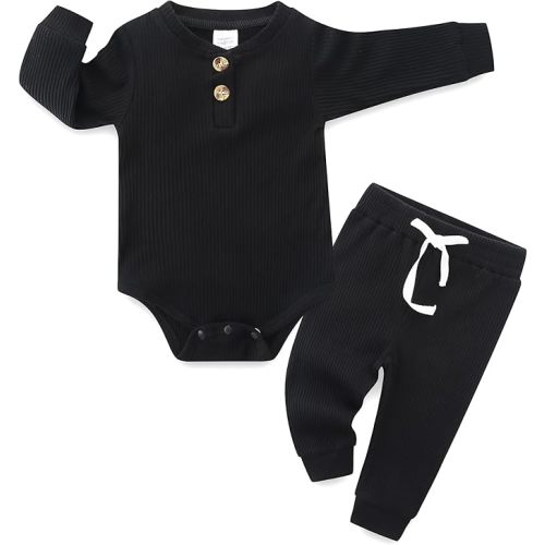 Newborn Baby Boy Girl Clothes Infant Ribbed Romper Cotton Long Sleeve Pant Sets for 0~18M Infant