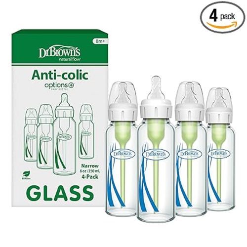 Dr. Brown's Anti-Colic Options+ Narrow Glass Baby Bottle with Level 1 Slow Flow Nipple, BPA-Free, 8 oz/250 mL, 4-Pack
