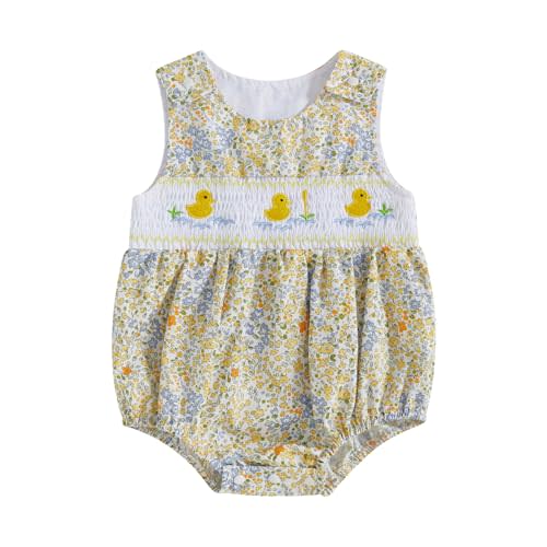 Newborn Baby Girl Bubble Romper Smocked Oufit Duck Embroidery Sleeveless Onesie Floral Jumpsuit Farm Summer Clothes