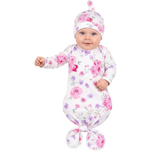 Baby Gown, Soft Knotted Newborn Nightgowns for Girl, Long Sleever Infant Gowns with Hand Mittens, Perfect Baby Hospital Coming Home Outfit Pink Flower