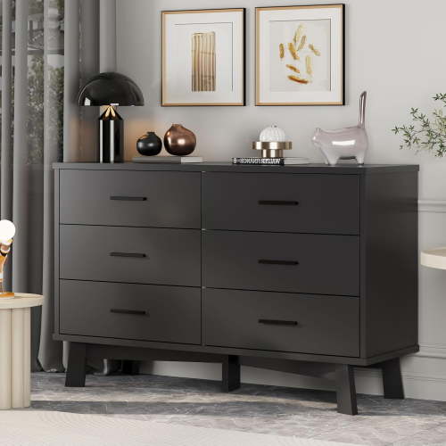 FANRAL 6 Drawer Dresser for Bedroom,Wood Modern Chest of Drawers with X-Shaped Sturdy Base,Black Dresser