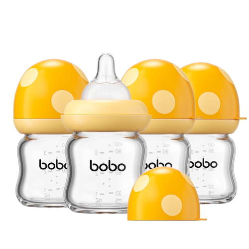 YOHKOH Yellow Glass Baby Bottle,Wide Neck,Natural Nipple Bottle,4 ounce,for 0m+ Infants