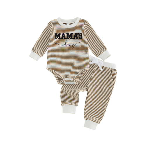 Loicainy Infant Baby Boy Fall Outfit 3 6 12 18 Months Letter Embroidery Striped Waffle Long Sleeve Rompers and Pants 2 Piece Clothes Set