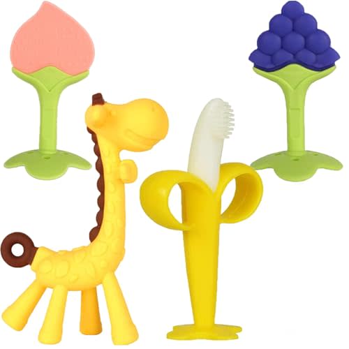 Haili XMGQ Baby Teething Toys 3-6 Months, Silicone Baby Teether Freezer BPA Free, Babies Teething Relief Sore Gums, Banana Finger Toothbrush, Fruit Shape Giraffe Teether for Infant Boys and Girls
