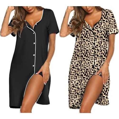 Ekouaer Nightgowns for Women 2 Pack Night Gowns Button Down Sleep Shirts